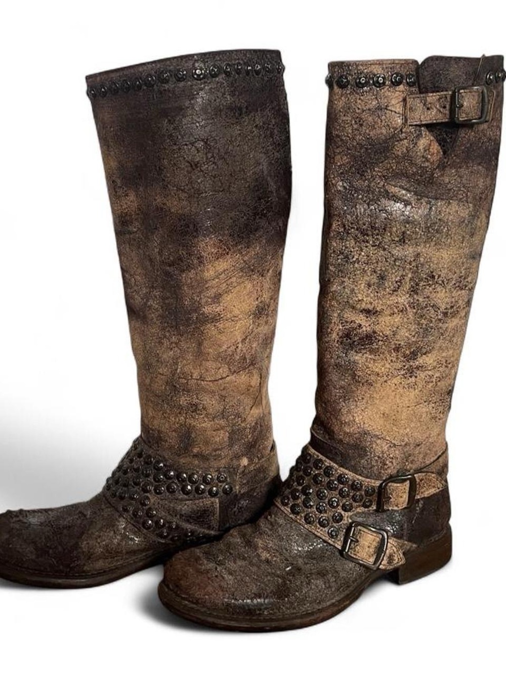 Frye Distressed Brown Studded Leather Knee Riding Boots - Picture 4 of 7